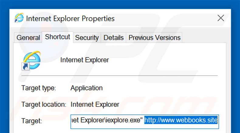 Removing webbooks.site from Internet Explorer shortcut target step 2