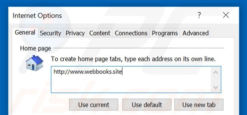 Removing webbooks.site from Internet Explorer homepage