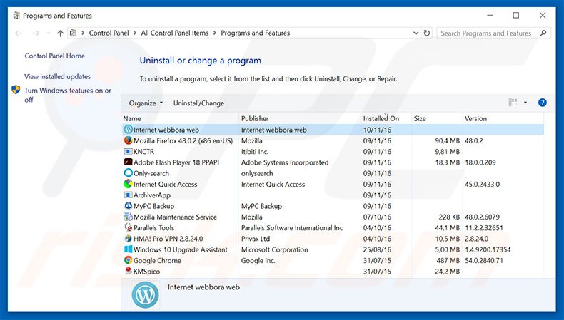 Webbora adware uninstall via Control Panel