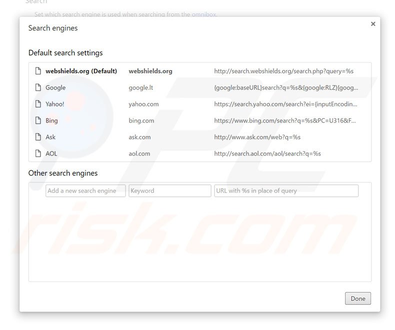 Removing search.webshields.org from Google Chrome default search engine