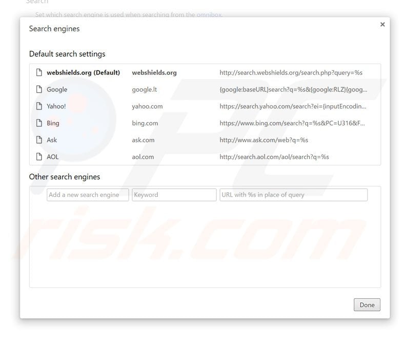 Removing search.webshields.org from Google Chrome default search engine