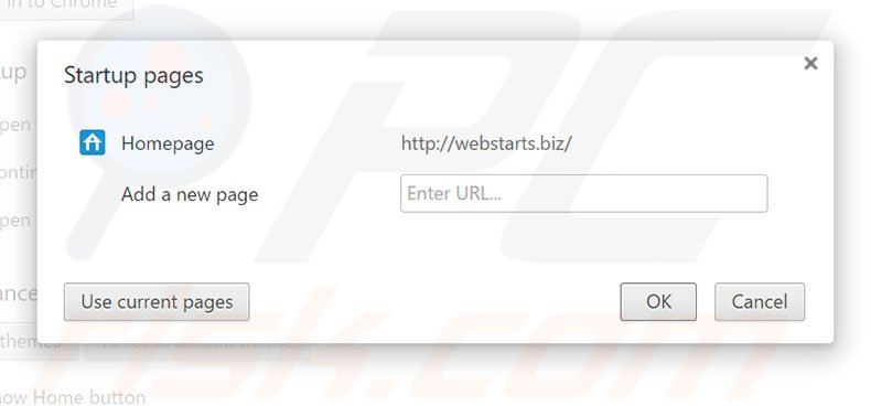 Removing webstarts.biz from Google Chrome homepage