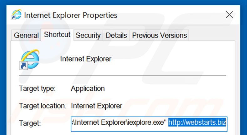 Removing webstarts.biz from Internet Explorer shortcut target step 2