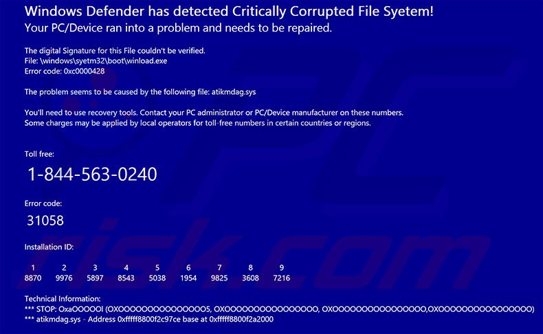 Windows Defender has detected Critically Corrupted File System! scam