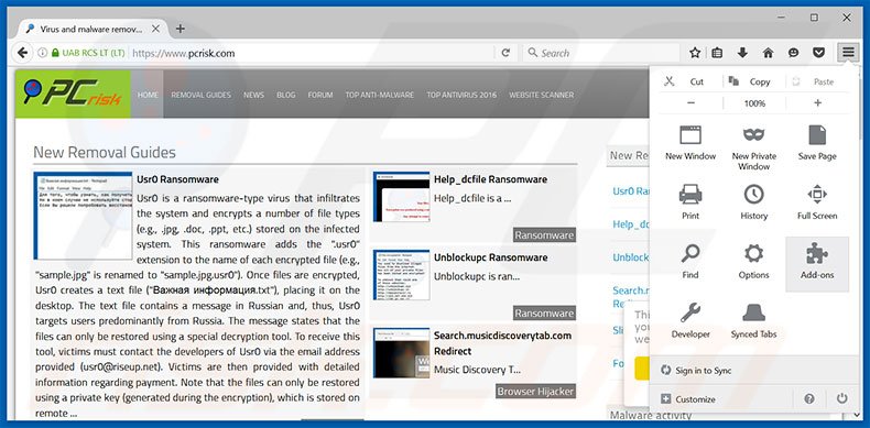 Removing Windows Management ads from Mozilla Firefox step 1