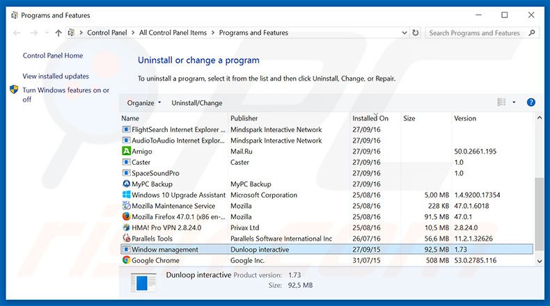 Windows Management adware uninstall via Control Panel