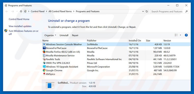 Windows Session Console Weather adware uninstall via Control Panel