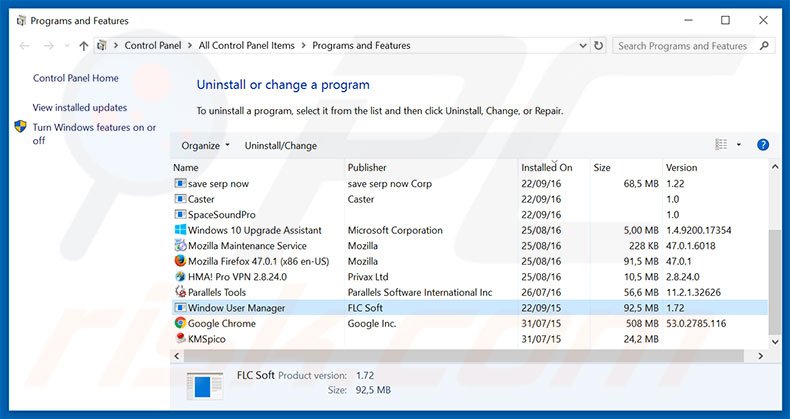 Windows User Manager adware uninstall via Control Panel
