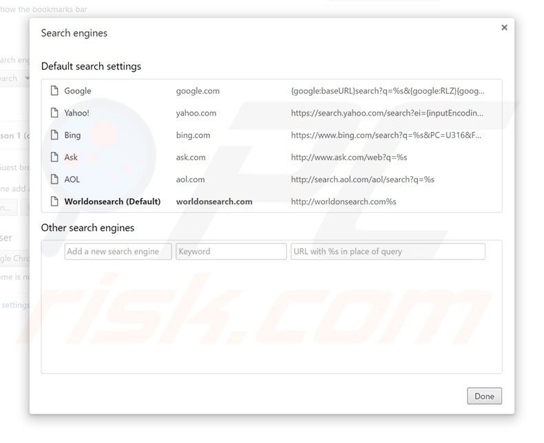 Removing worldonsearch.com from Google Chrome default search engine