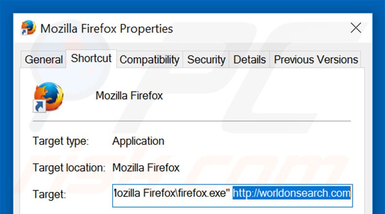 Removing worldonsearch.com from Mozilla Firefox shortcut target step 2
