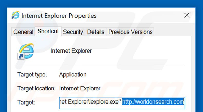 Removing worldonsearch.com from Internet Explorer shortcut target step 2