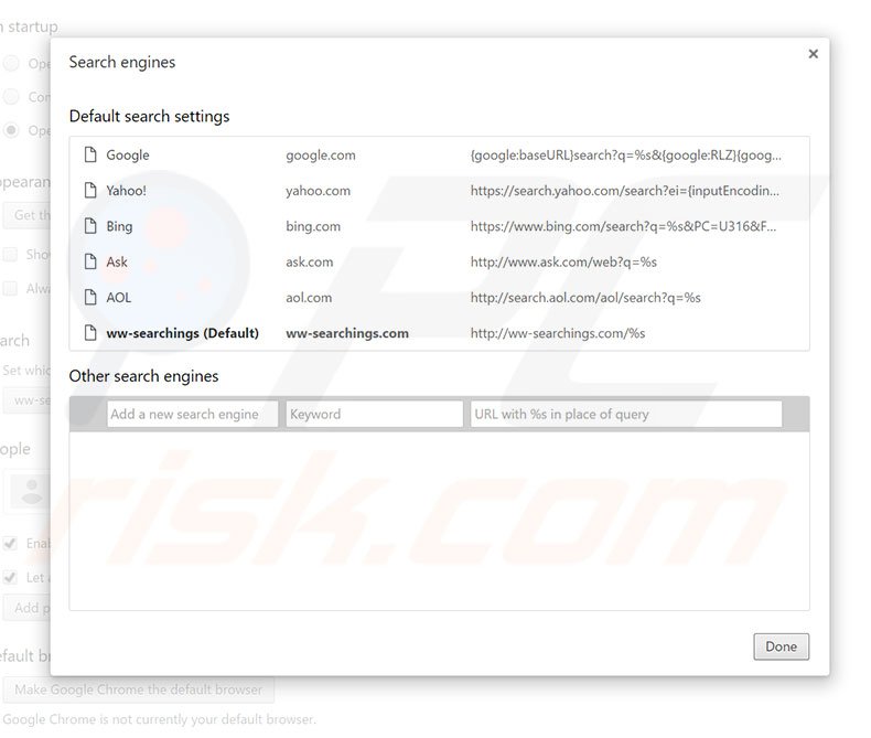 Removing ww-searchings.com from Google Chrome default search engine