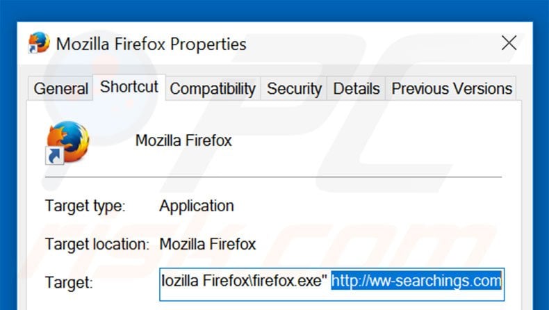 Removing ww-searchings.com from Mozilla Firefox shortcut target step 2