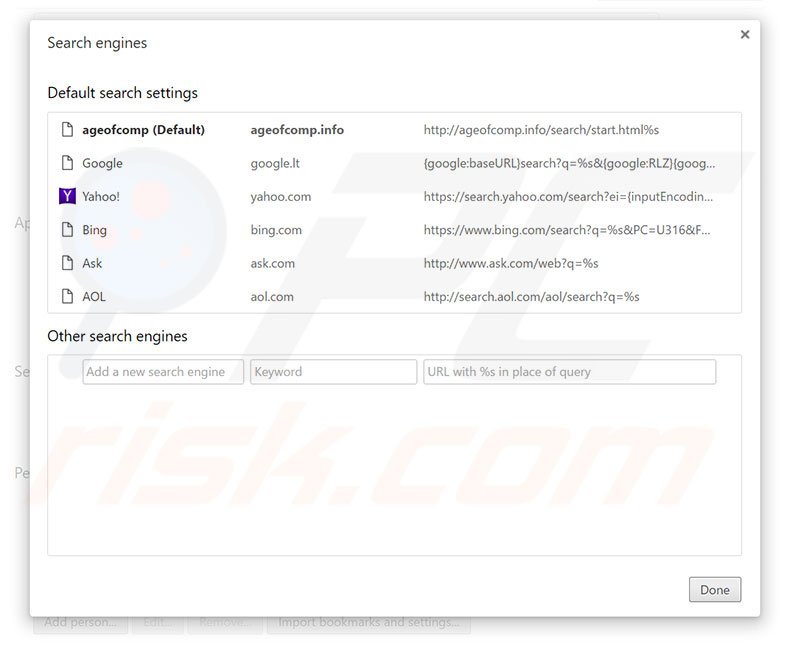 Removing ageofcomp.com from Google Chrome default search engine