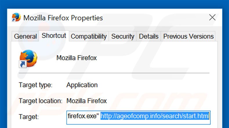 Removing ageofcomp.com from Mozilla Firefox shortcut target step 2