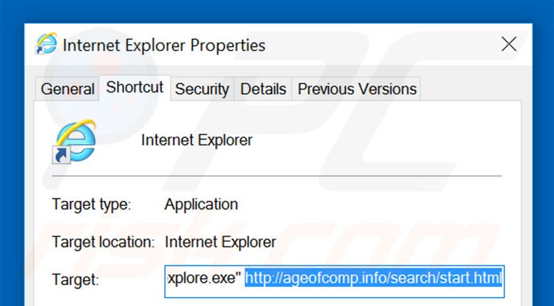 Removing ageofcomp.com from Internet Explorer shortcut target step 2