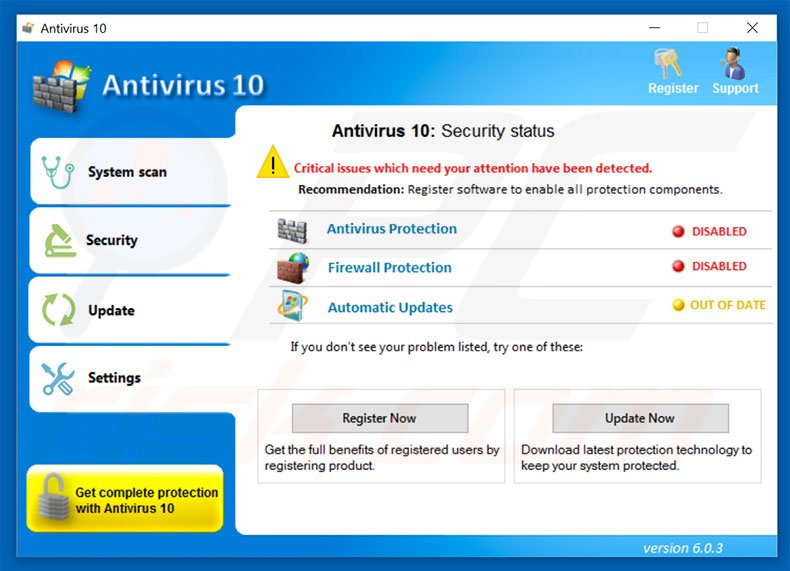 Antivirus 10 Security tab