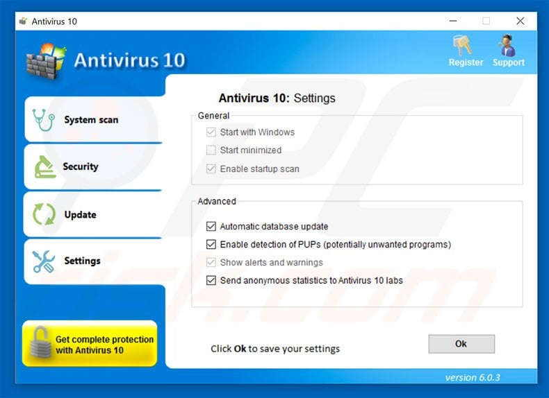 Antivirus 10 Security tab