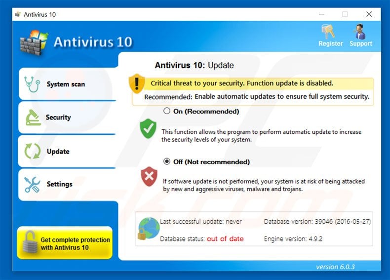 Antivirus 10 Security tab