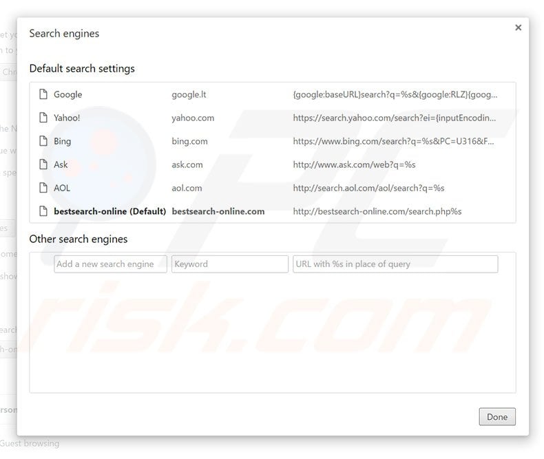 Removing bestsearch-online.com from Google Chrome default search engine