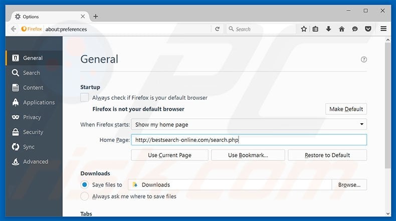 Removing bestsearch-online.com from Mozilla Firefox homepage