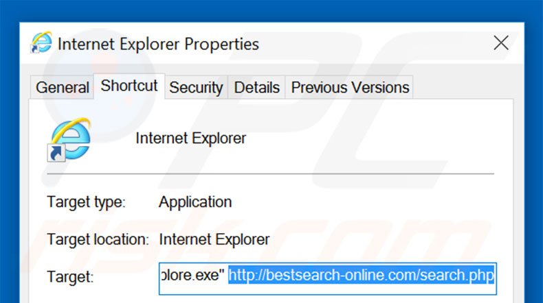 Removing bestsearch-online.com from Internet Explorer shortcut target step 2