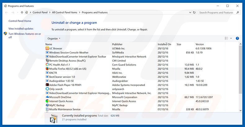 ContentPush adware uninstall via Control Panel