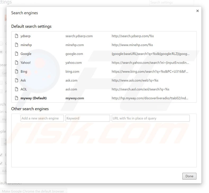 Removing hp.myway.com from Google Chrome default search engine