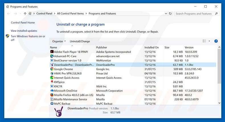 DownloaderPro adware uninstall via Control Panel