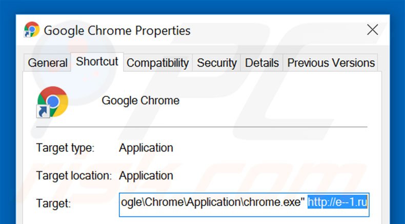 Removing e--1.ru from Google Chrome shortcut target step 2