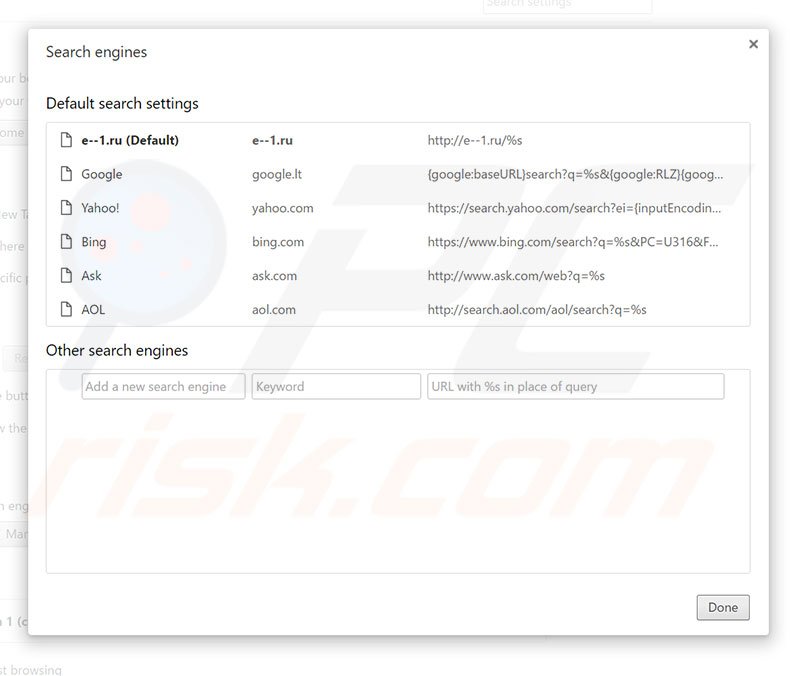Removing e--1.ru from Google Chrome default search engine
