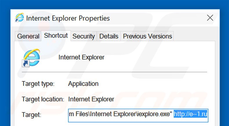 Removing e--1.ru from Internet Explorer shortcut target step 2