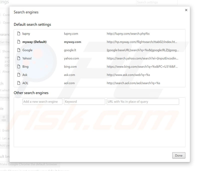 Removing hp.myway.com from Google Chrome default search engine