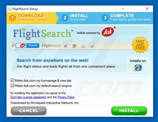 Official FlightSearch browser hijacker installation setup