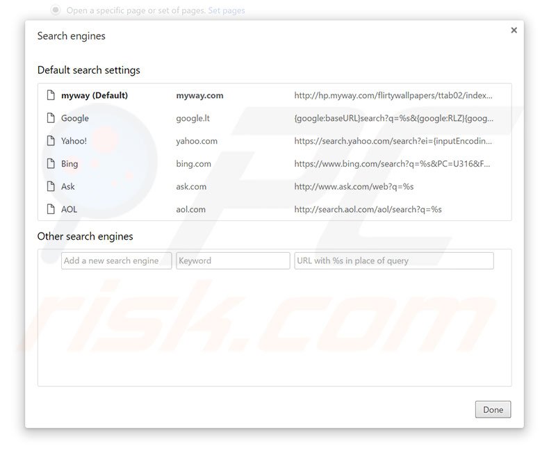 Removing hp.myway.com from Google Chrome default search engine