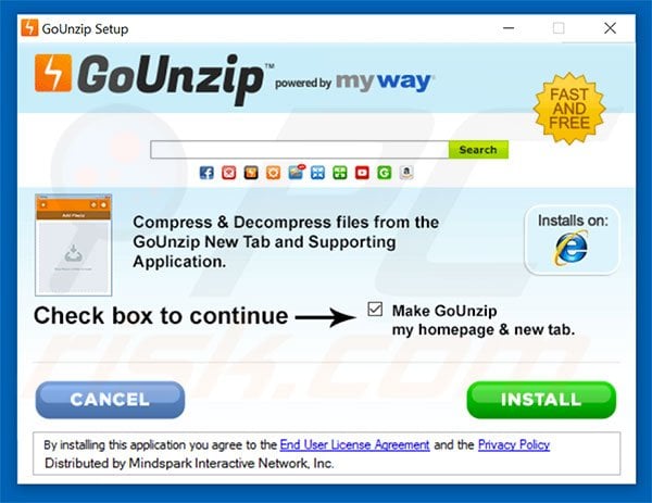 Official GoUnzip browser hijacker installation setup