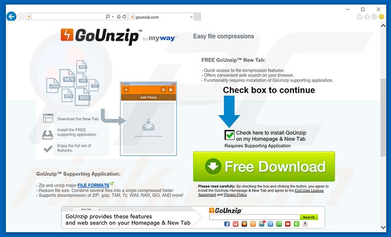 Website used to promote GoUnzip browser hijacker