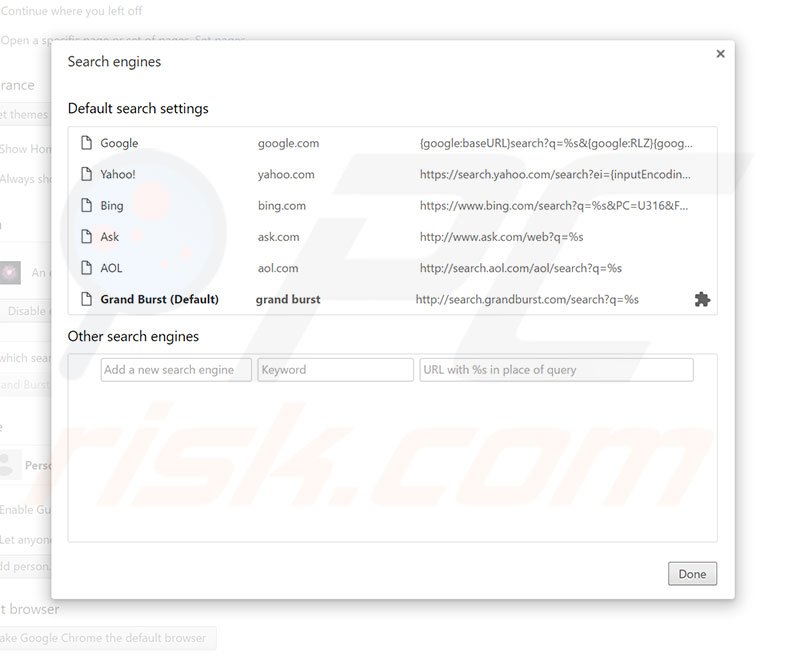 Removing home.grandburst.com from Google Chrome default search engine