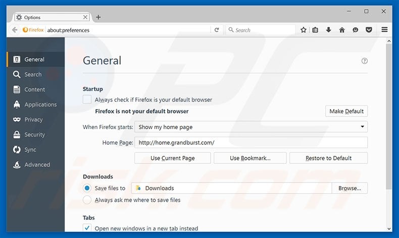 Removing home.grandburst.com from Mozilla Firefox homepage