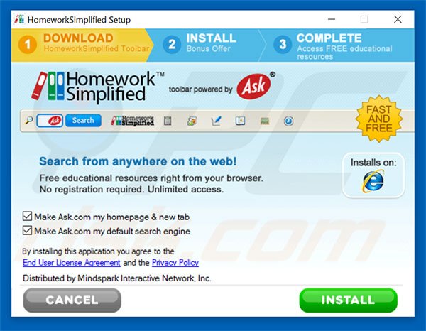 Official HomeworkSimplified browser hijacker installation setup