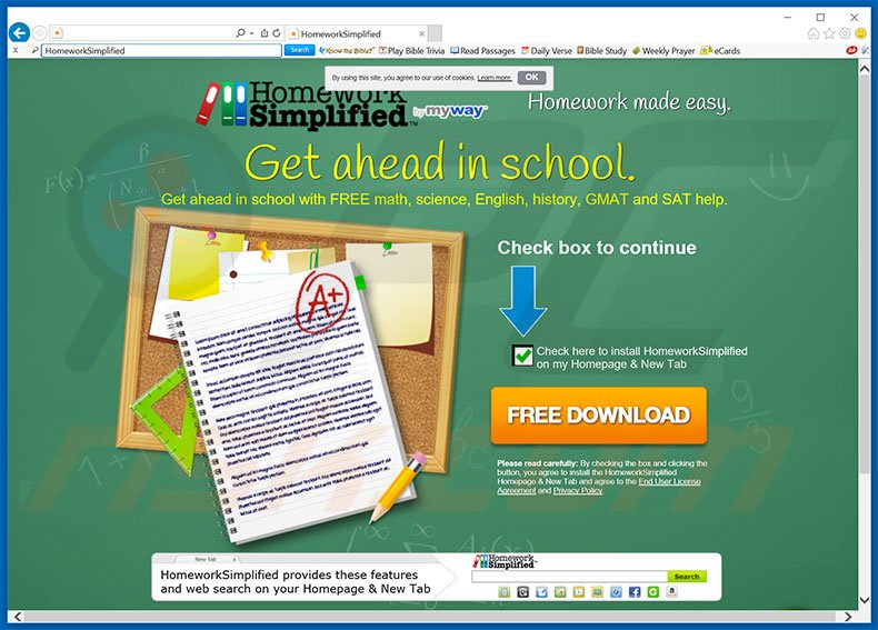 Website used to promote HomeworkSimplified browser hijacker