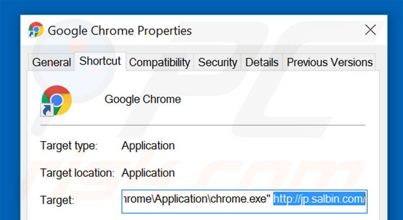 Removing jp.salbin.com from Google Chrome shortcut target step 2