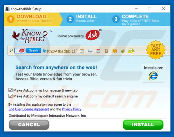 Official KnowTheBible browser hijacker installation setup