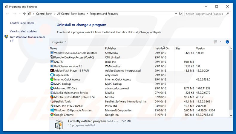 You Are Today's Lucky Visitor adware uninstall via Control Panel