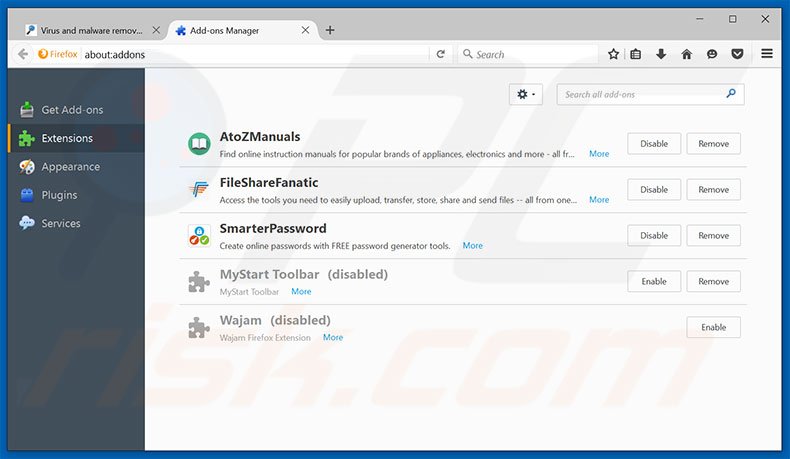 Removing hp.myway.com related Mozilla Firefox extensions