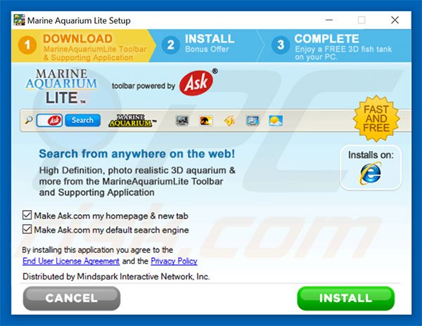 Official MarineAquariumLite browser hijacker installation setup