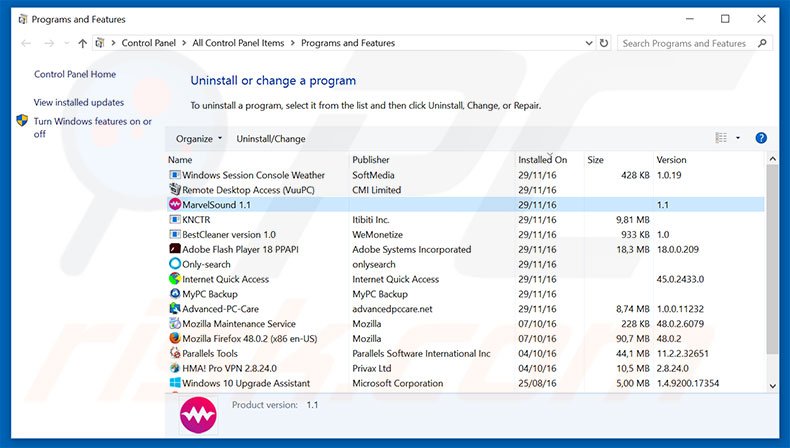 MarvelSound adware uninstall via Control Panel