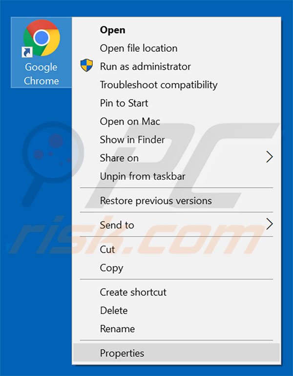 Removing minehp.com from Google Chrome shortcut target step 1