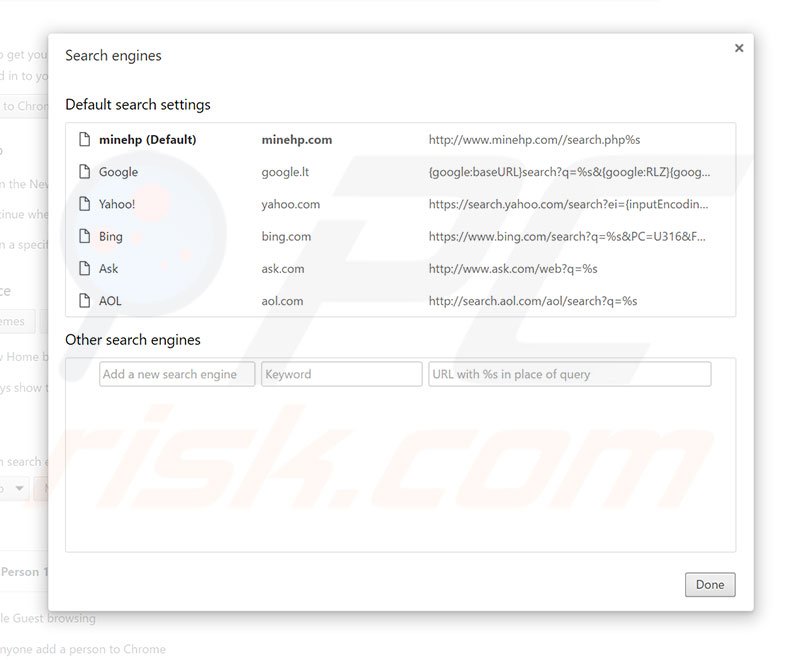 Removing minehp.com from Google Chrome default search engine