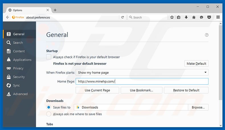 Removing minehp.com from Mozilla Firefox homepage